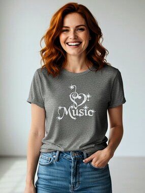 Music Lover Shirt Large Gray Treble Clef Heart Sparkle Graphic Tee